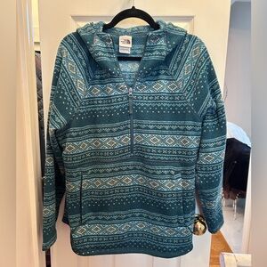The North Face Teal Green Print Zip Pullover w/Hood & Zip Kangaroo Pocket. XL